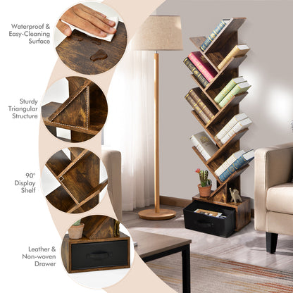 10-tier Tree Bookshelf with Drawer Free-standing Storage Bookcase-Coffee