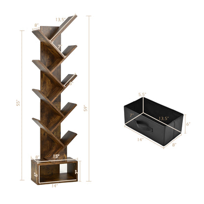 10-tier Tree Bookshelf with Drawer Free-standing Storage Bookcase-Coffee