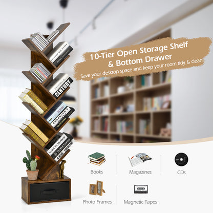 10-tier Tree Bookshelf with Drawer Free-standing Storage Bookcase-Coffee