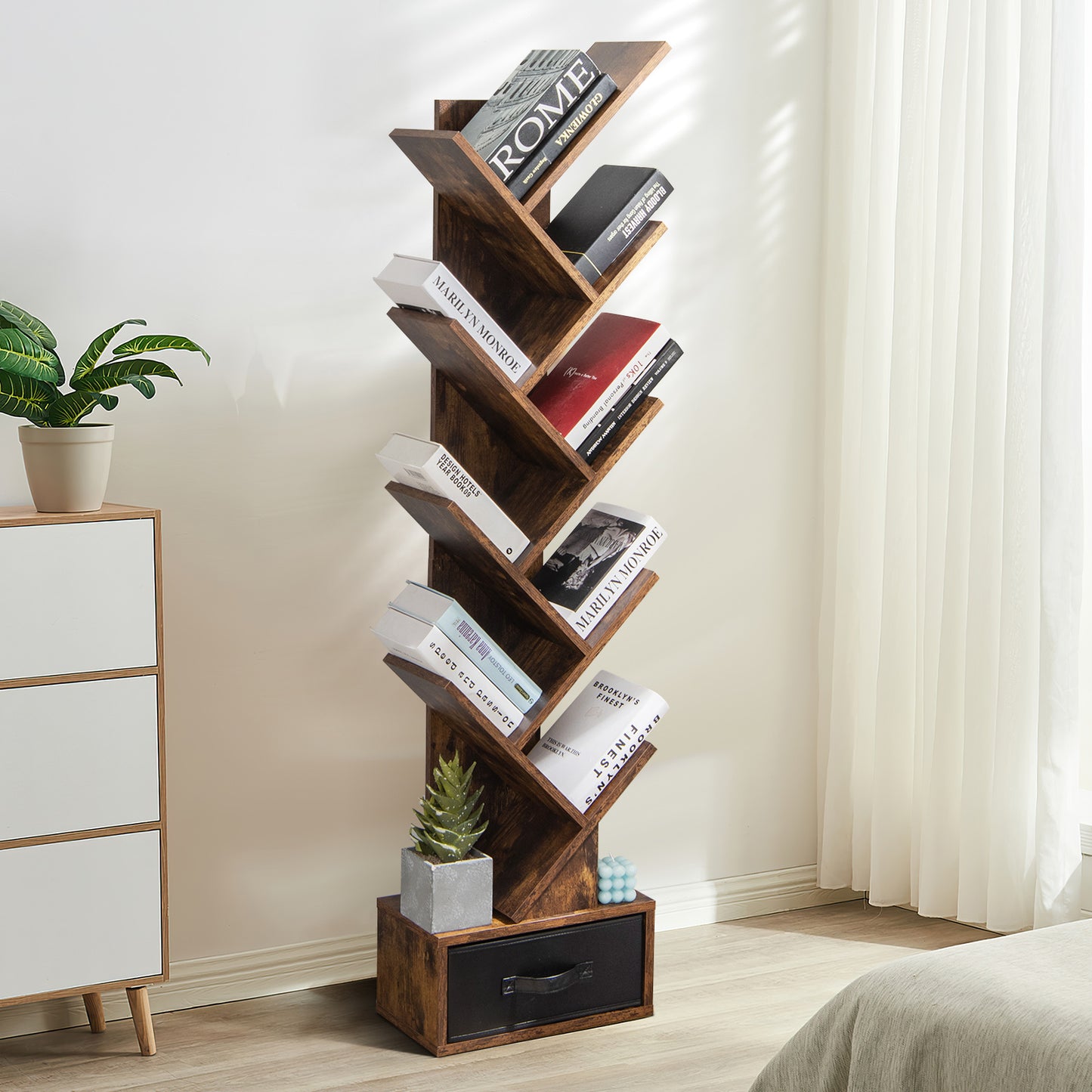 10-tier Tree Bookshelf with Drawer Free-standing Storage Bookcase-Coffee Kids Crystal