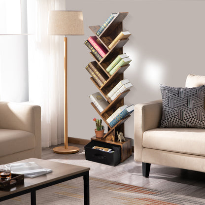 10-tier Tree Bookshelf with Drawer Free-standing Storage Bookcase-Coffee