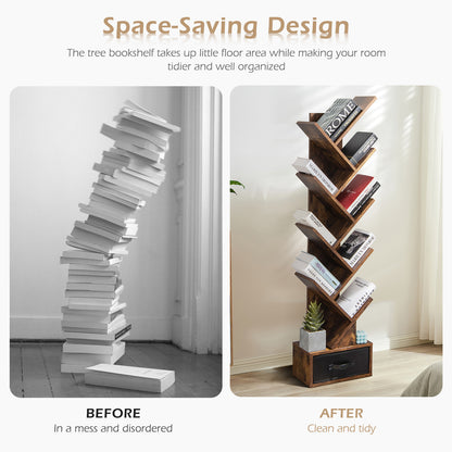 10-tier Tree Bookshelf with Drawer Free-standing Storage Bookcase-Coffee