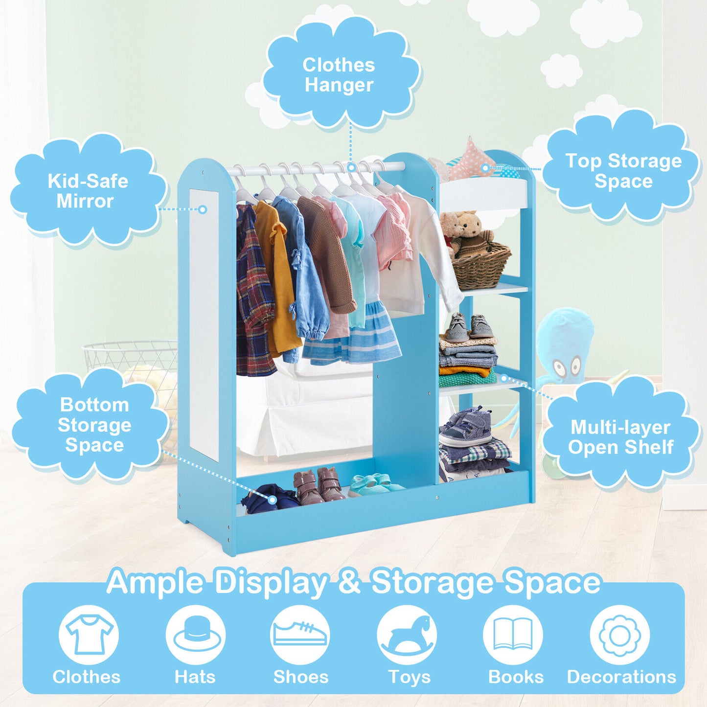 Kids Dress Up Storage with Mirror-Blue Kids Crystal