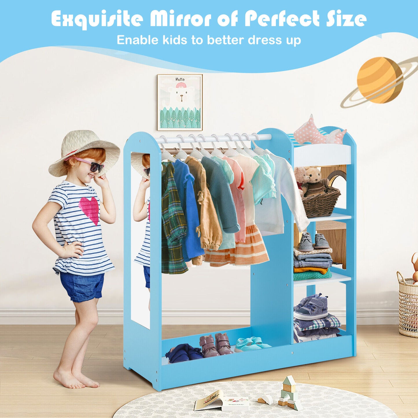 Kids Dress Up Storage with Mirror-Blue Kids Crystal