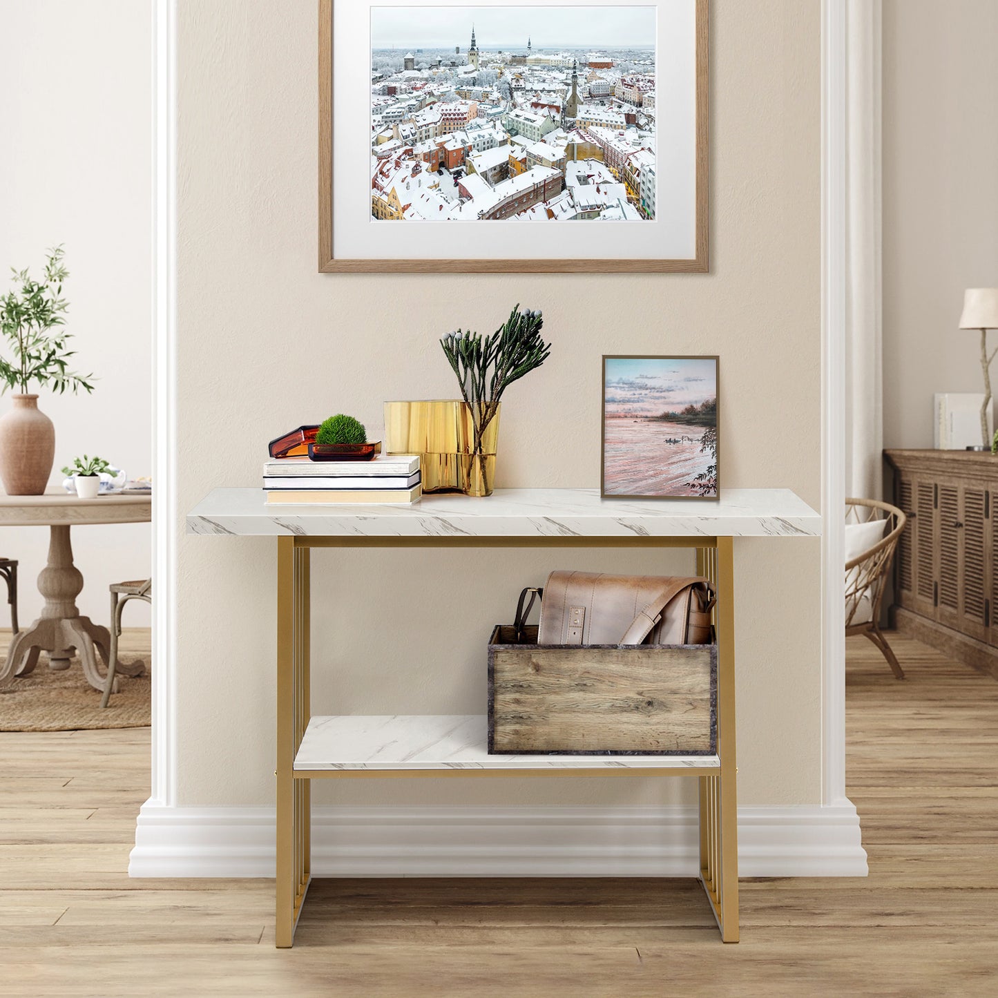 48 Inch 2-Tier Console Table with Gold Finished Frame-White Kids Crystal