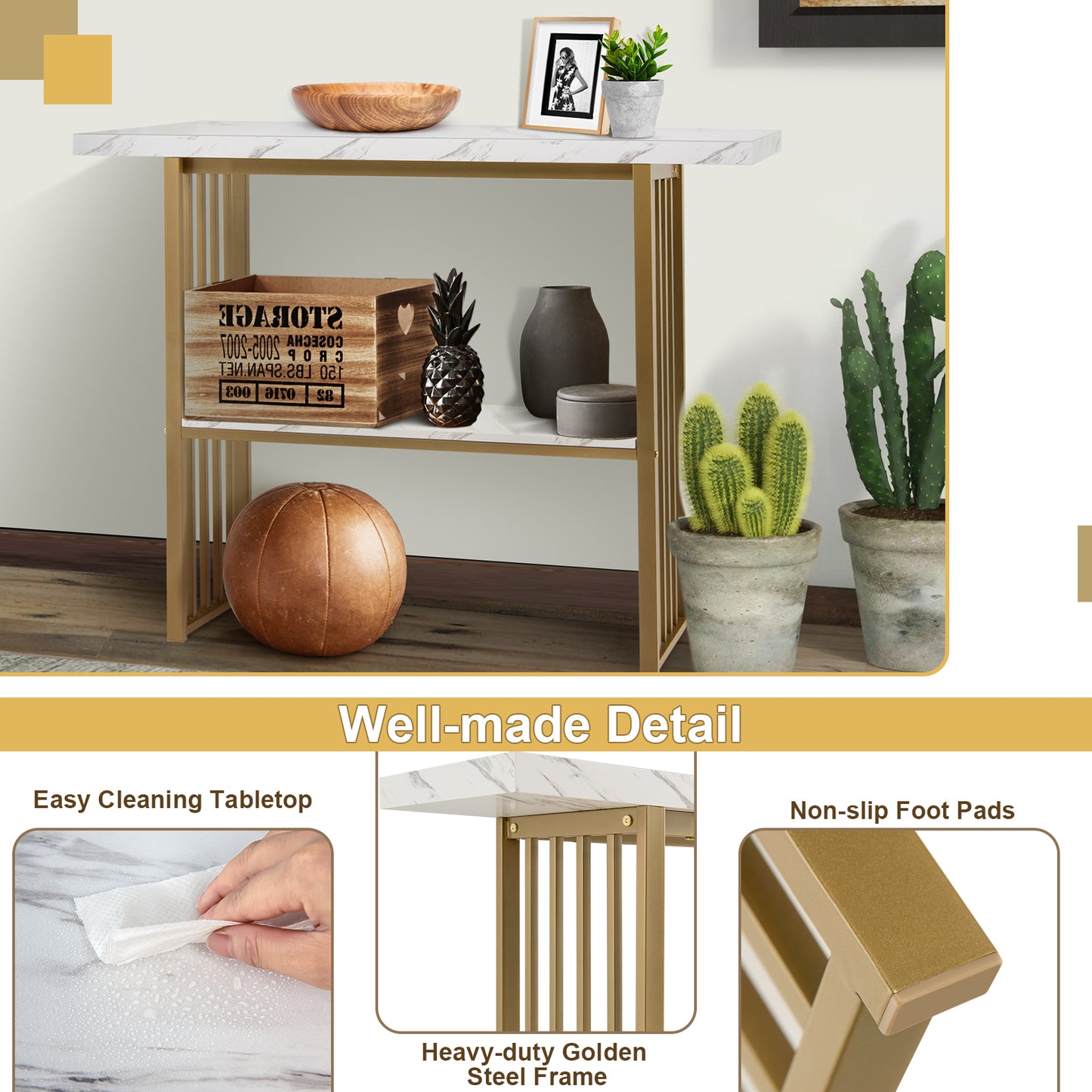 48 Inch 2-Tier Console Table with Gold Finished Frame-White Kids Crystal