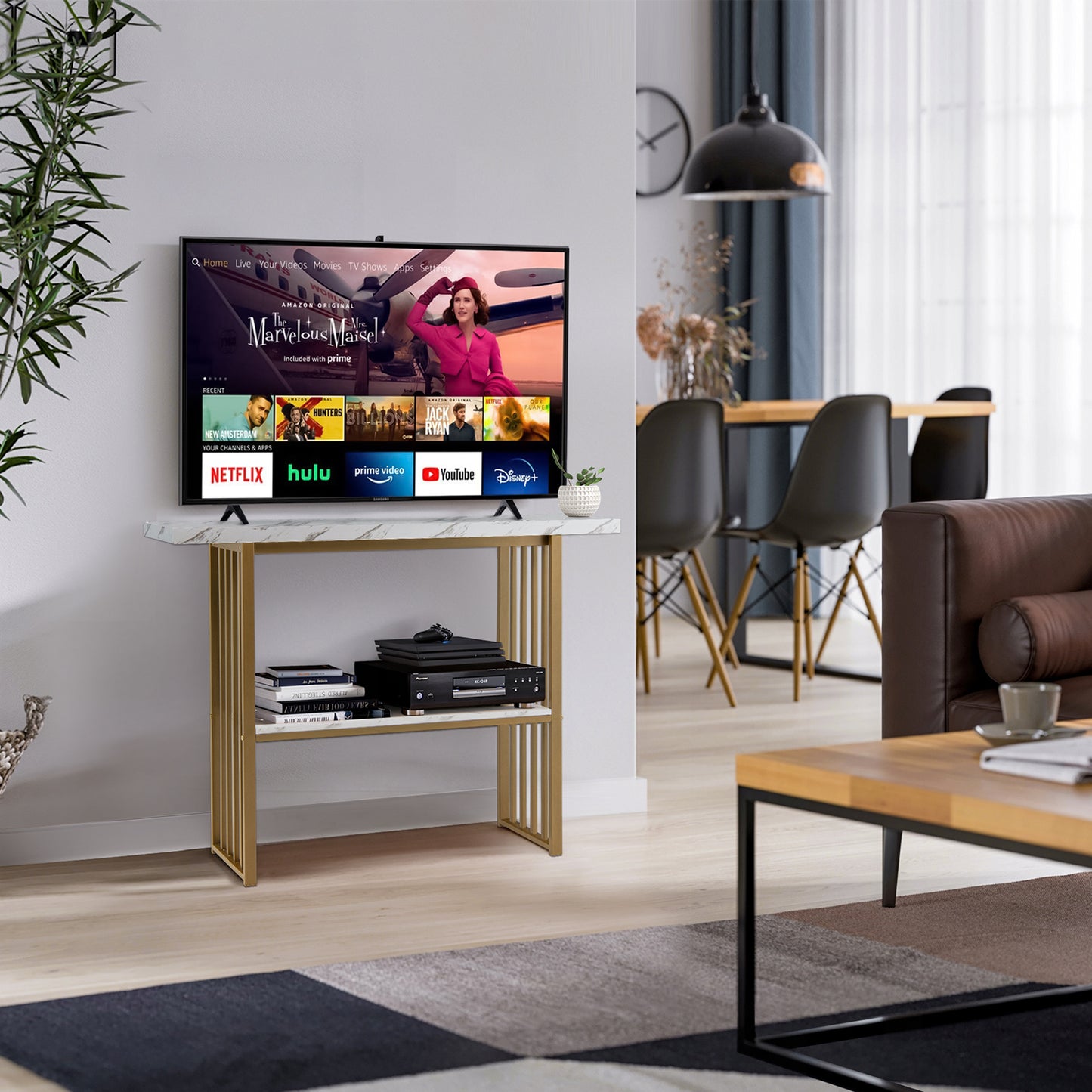 48 Inch 2-Tier Console Table with Gold Finished Frame-White Kids Crystal