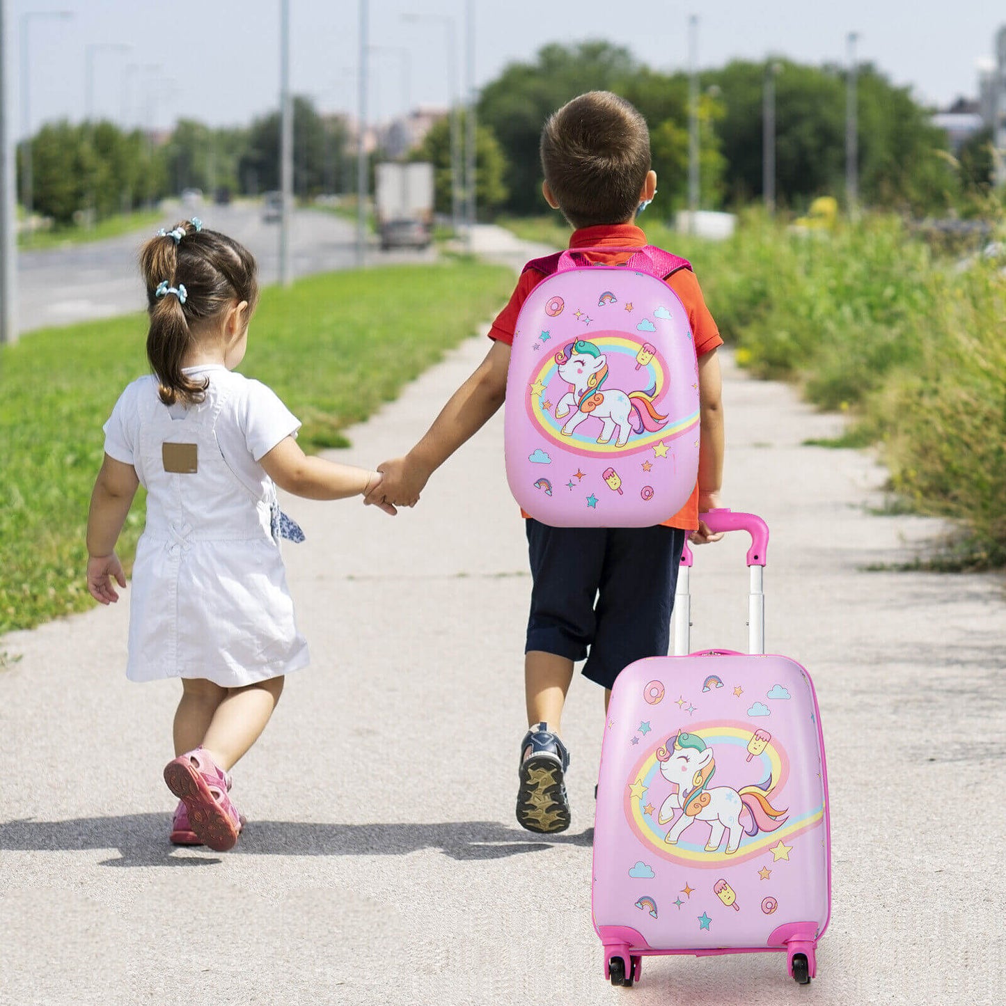 2 Pieces Kids Carry-on Luggage Set with 12 Inch Backpack-Pink Kids Crystal