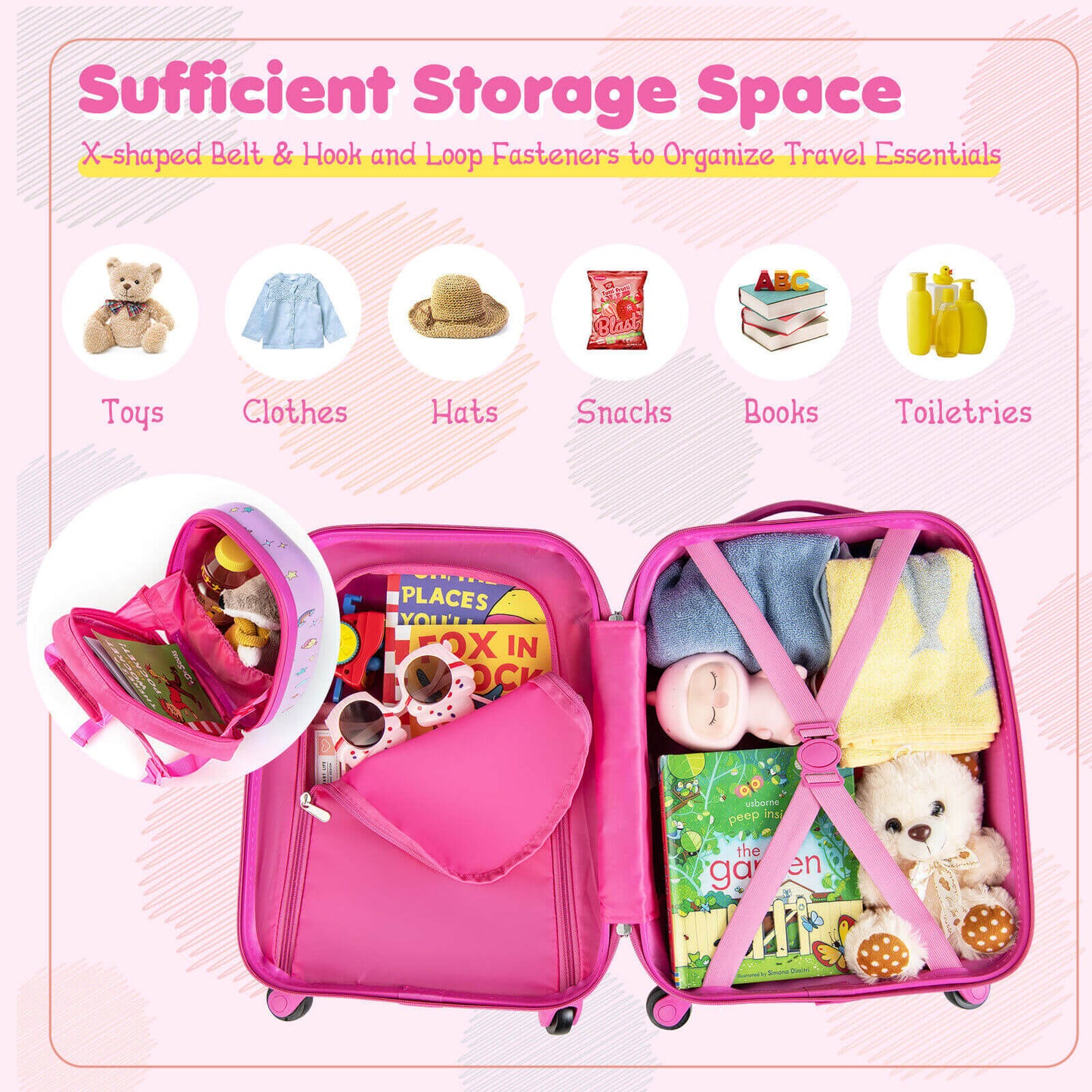 2 Pieces Kids Carry-on Luggage Set with 12 Inch Backpack-Pink Kids Crystal