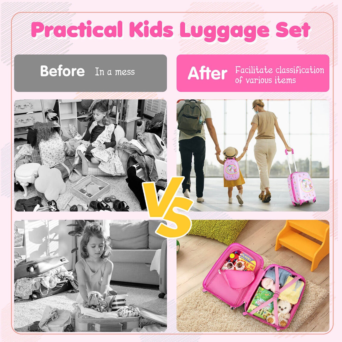 2 Pieces Kids Carry-on Luggage Set with 12 Inch Backpack-Pink Kids Crystal