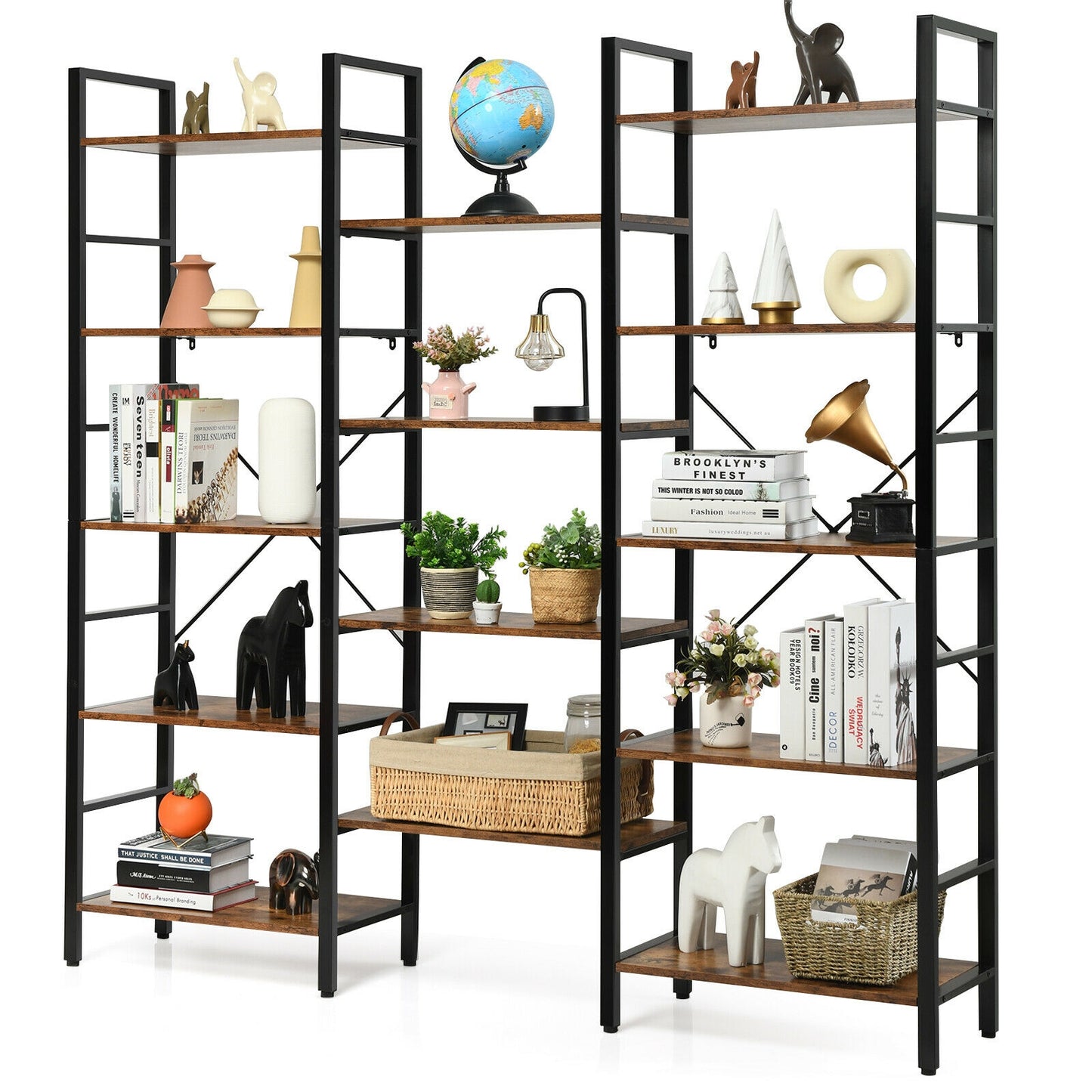 Vintage Industrial Style Triple Wide 5-Tier Bookcase with Metal Frame-Brown Kids Crystal