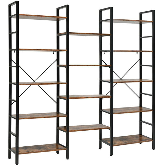 Vintage Industrial Style Triple Wide 5-Tier Bookcase with Metal Frame-Brown Kids Crystal