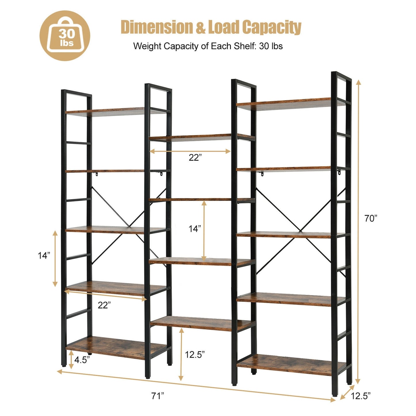 Vintage Industrial Style Triple Wide 5-Tier Bookcase with Metal Frame-Brown Kids Crystal