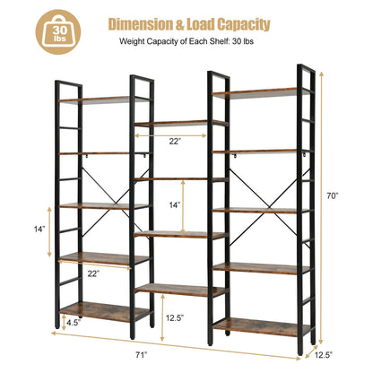 Vintage Industrial Style Triple Wide 5-Tier Bookcase with Metal Frame-Brown