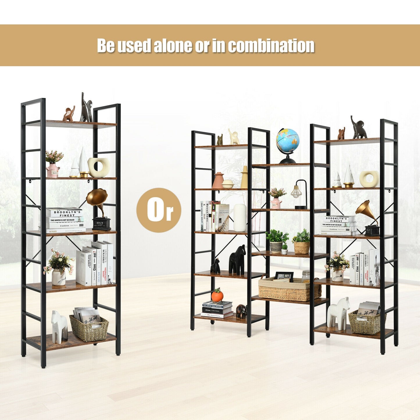 Vintage Industrial Style Triple Wide 5-Tier Bookcase with Metal Frame-Brown Kids Crystal