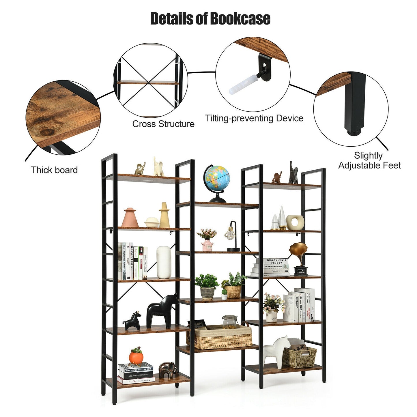 Vintage Industrial Style Triple Wide 5-Tier Bookcase with Metal Frame-Brown Kids Crystal