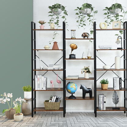 Vintage Industrial Style Triple Wide 5-Tier Bookcase with Metal Frame-Brown
