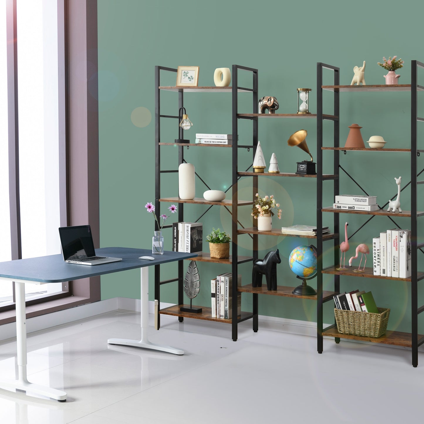 Vintage Industrial Style Triple Wide 5-Tier Bookcase with Metal Frame-Brown Kids Crystal