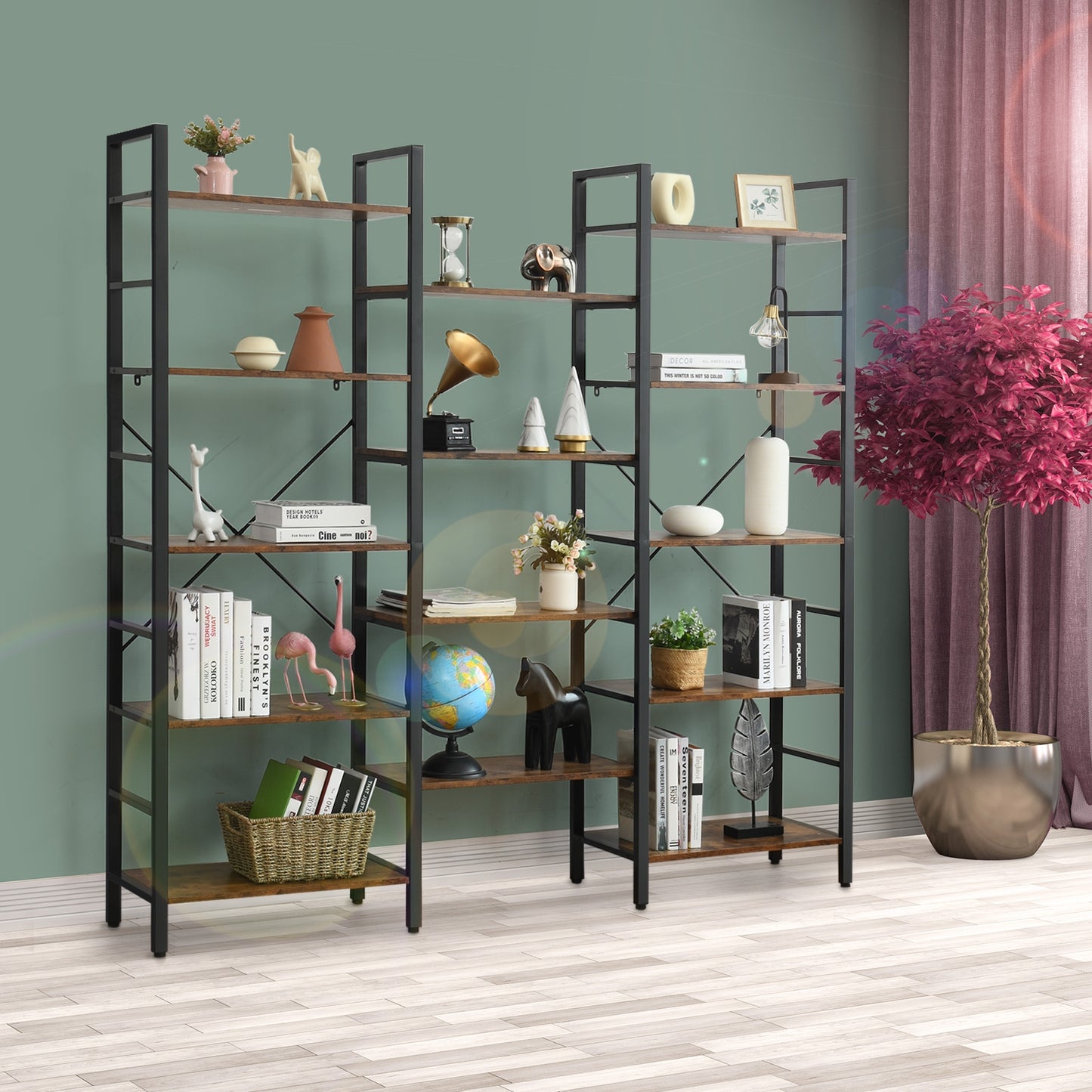 Vintage Industrial Style Triple Wide 5-Tier Bookcase with Metal Frame-Brown Kids Crystal