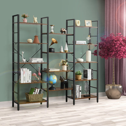 Vintage Industrial Style Triple Wide 5-Tier Bookcase with Metal Frame-Brown