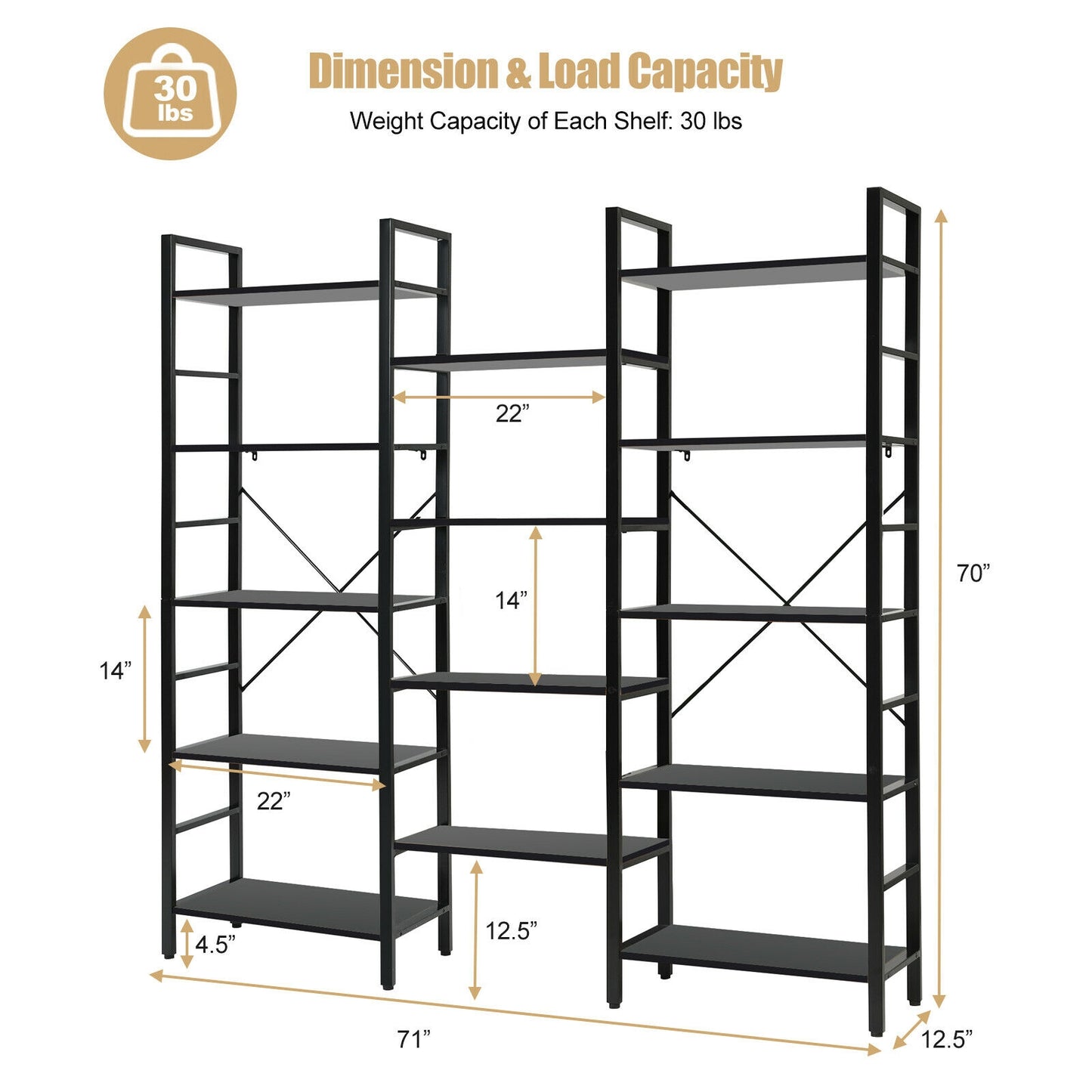 Vintage Industrial Style Triple Wide 5-Tier Bookcase with Metal Frame-Black Kids Crystal