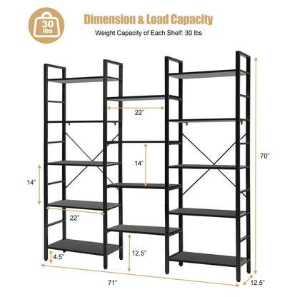 Vintage Industrial Style Triple Wide 5-Tier Bookcase with Metal Frame-Black