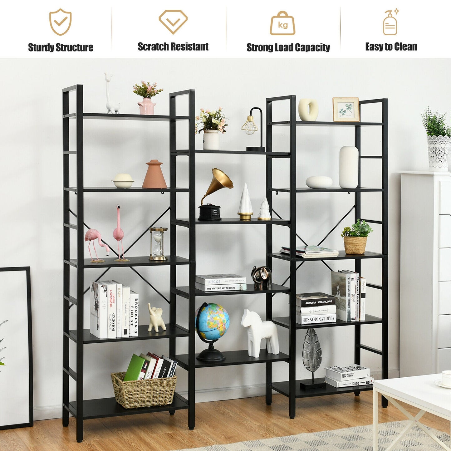 Vintage Industrial Style Triple Wide 5-Tier Bookcase with Metal Frame-Black Kids Crystal