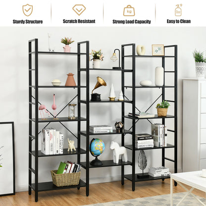 Vintage Industrial Style Triple Wide 5-Tier Bookcase with Metal Frame-Black