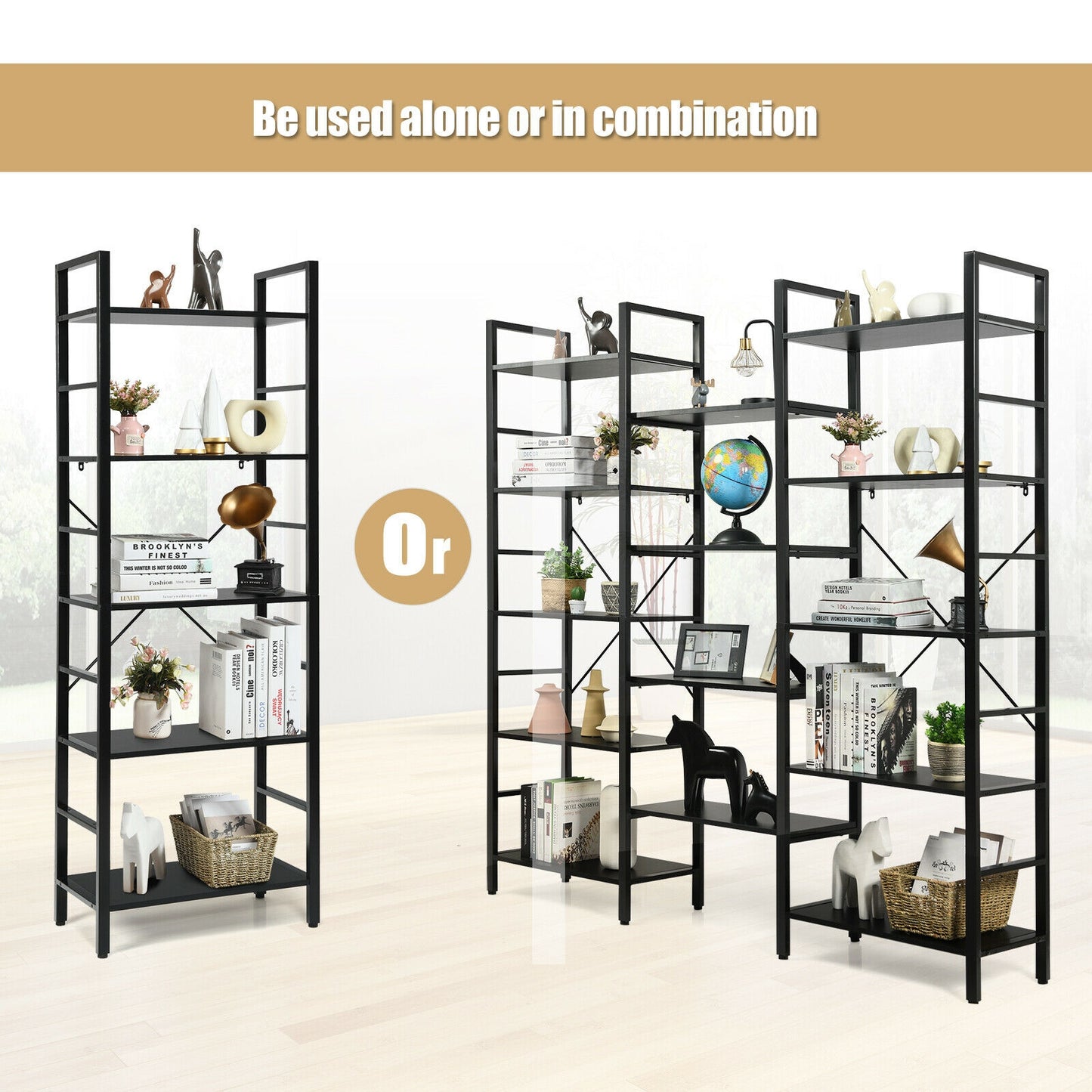 Vintage Industrial Style Triple Wide 5-Tier Bookcase with Metal Frame-Black Kids Crystal