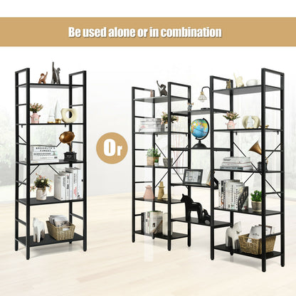 Vintage Industrial Style Triple Wide 5-Tier Bookcase with Metal Frame-Black