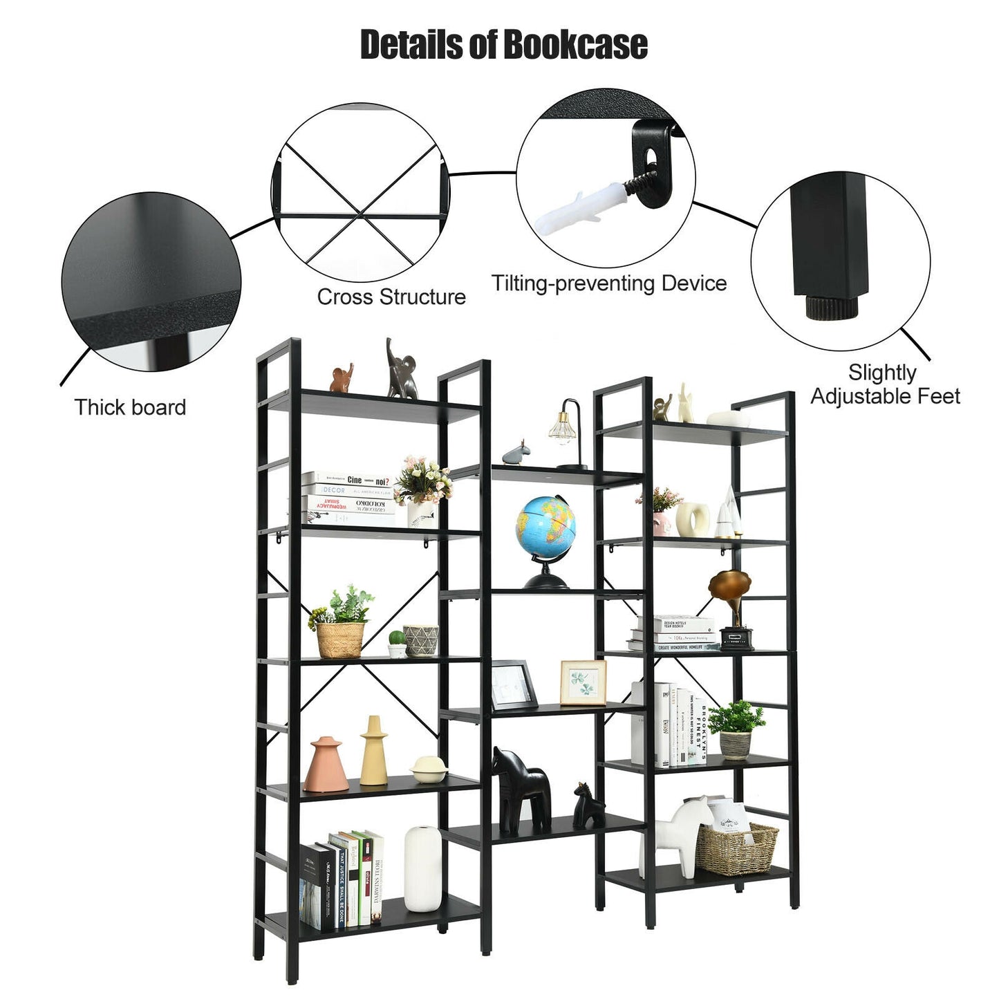 Vintage Industrial Style Triple Wide 5-Tier Bookcase with Metal Frame-Black Kids Crystal