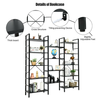 Vintage Industrial Style Triple Wide 5-Tier Bookcase with Metal Frame-Black
