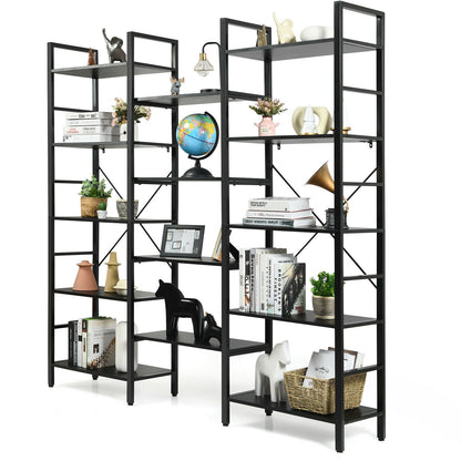 Vintage Industrial Style Triple Wide 5-Tier Bookcase with Metal Frame-Black