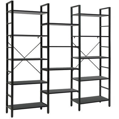 Vintage Industrial Style Triple Wide 5-Tier Bookcase with Metal Frame-Black
