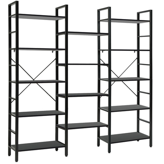 Vintage Industrial Style Triple Wide 5-Tier Bookcase with Metal Frame-Black Kids Crystal