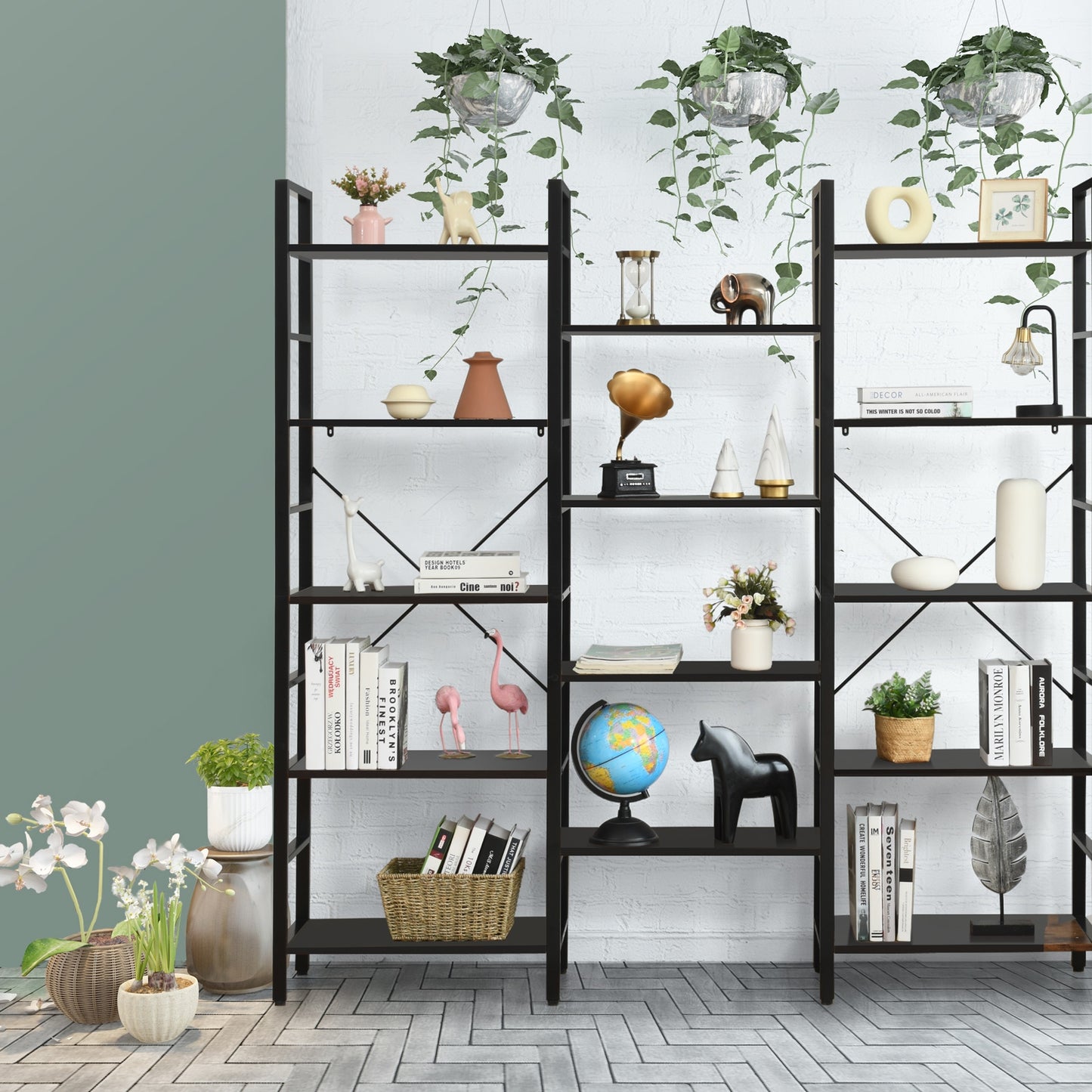 Vintage Industrial Style Triple Wide 5-Tier Bookcase with Metal Frame-Black Kids Crystal