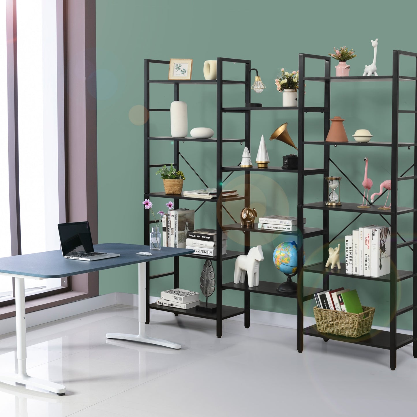 Vintage Industrial Style Triple Wide 5-Tier Bookcase with Metal Frame-Black Kids Crystal