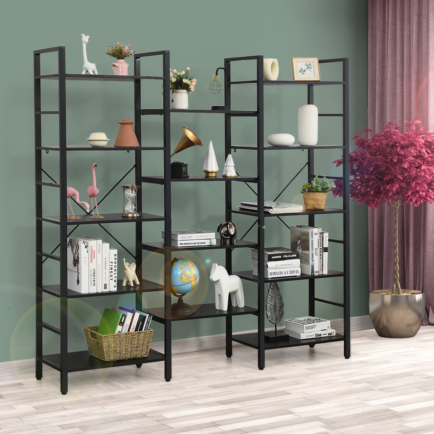 Vintage Industrial Style Triple Wide 5-Tier Bookcase with Metal Frame-Black Kids Crystal