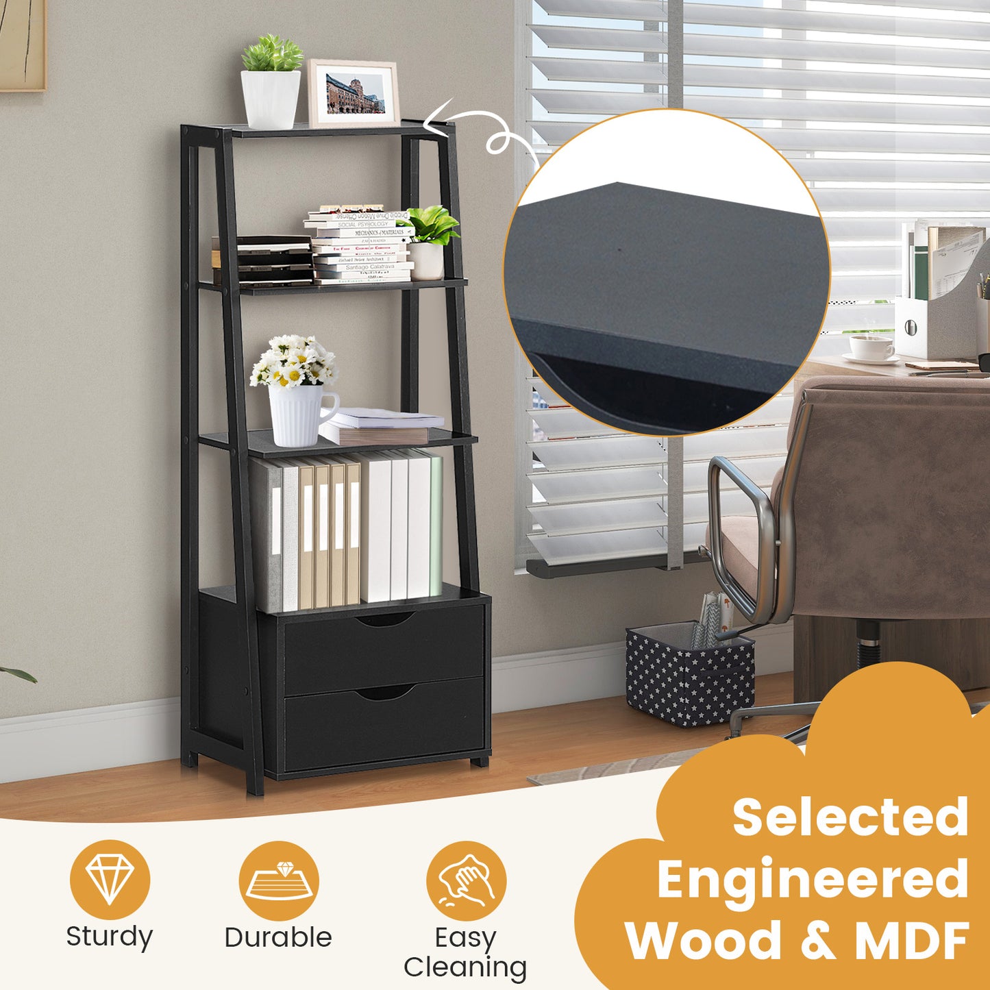 4-Tier Ladder Bookshelf Storage Display with 2 Drawers Kids Crystal