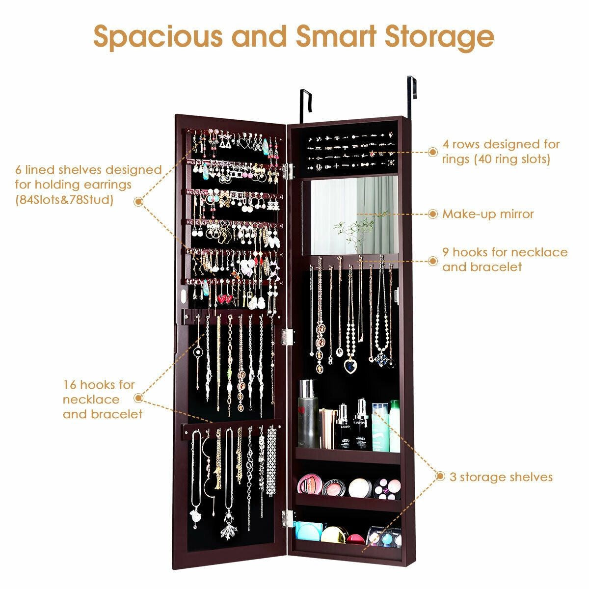 Full Length Mirror Jewelry Cabinet with Ring Slots and Necklace Hooks-Dark Brown Kids Crystal