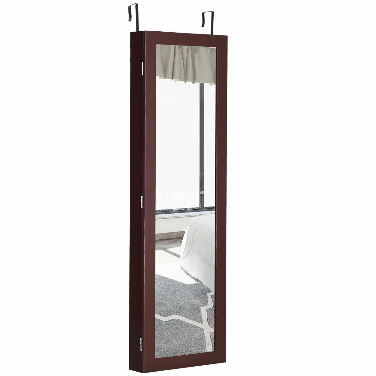 Full Length Mirror Jewelry Cabinet with Ring Slots and Necklace Hooks-Dark Brown Kids Crystal