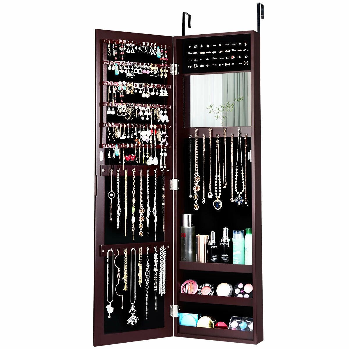 Full Length Mirror Jewelry Cabinet with Ring Slots and Necklace Hooks-Dark Brown Kids Crystal