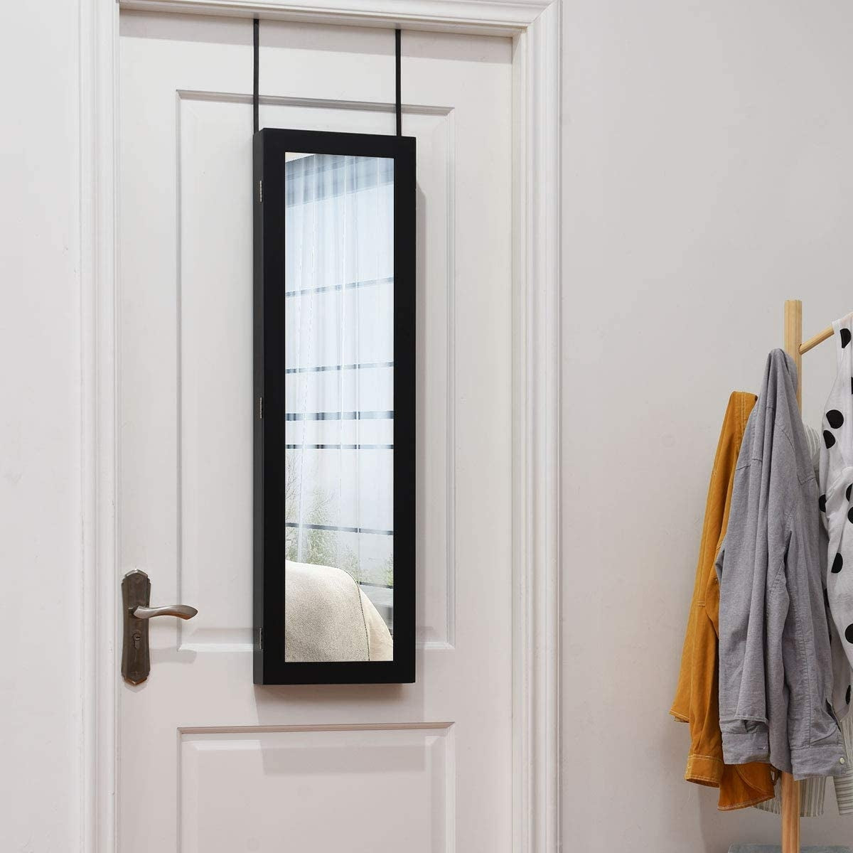 Full Length Mirror Jewelry Cabinet with Ring Slots and Necklace Hooks-Dark Brown Kids Crystal