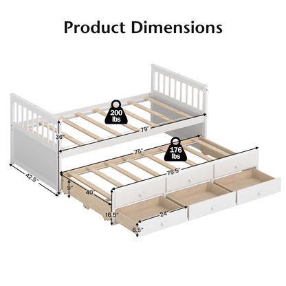 Twin Captain’s Bed with Trundle Bed with 3 Storage Drawers-White