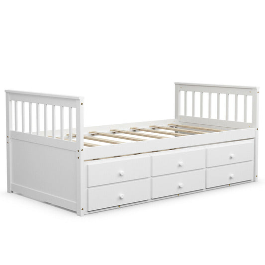 Twin Captain’s Bed with Trundle Bed with 3 Storage Drawers-White Kids Crystal