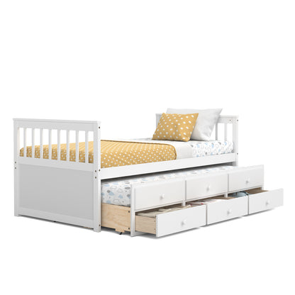 Twin Captain’s Bed with Trundle Bed with 3 Storage Drawers-White