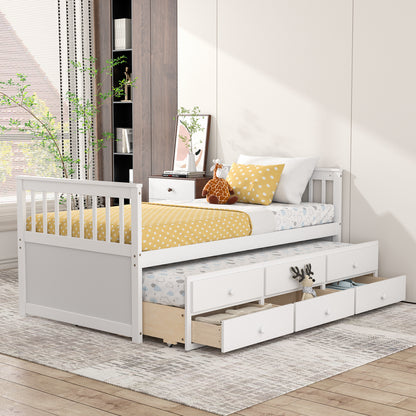 Twin Captain’s Bed with Trundle Bed with 3 Storage Drawers-White