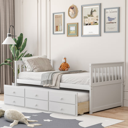 Twin Captain’s Bed with Trundle Bed with 3 Storage Drawers-White
