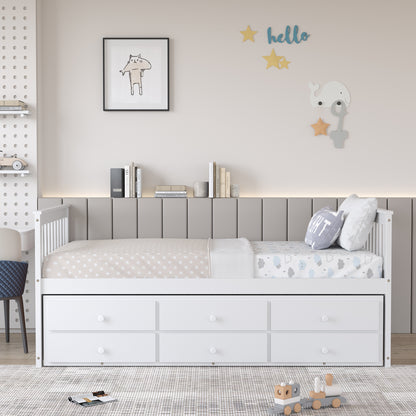 Twin Captain’s Bed with Trundle Bed with 3 Storage Drawers-White
