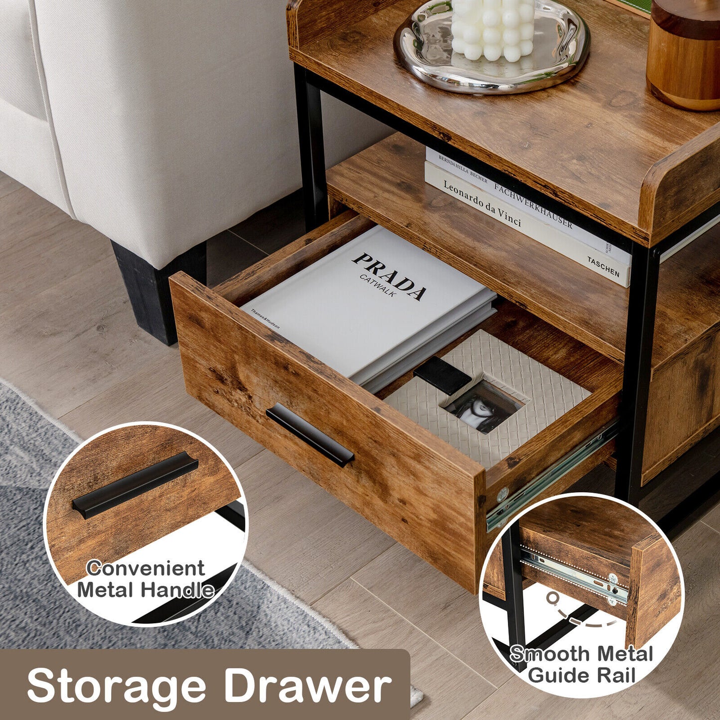 3-tier Nightstand with Drawer and Raised Top Baffles Kids Crystal
